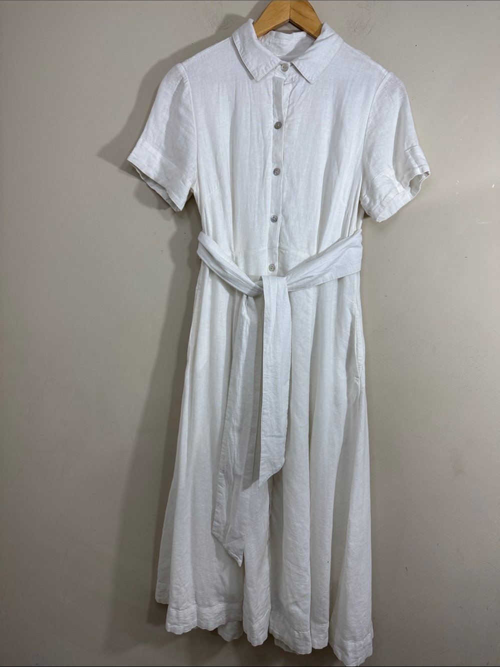 Joie White Short-Sleeve Button Midi Dress with Tie Waist